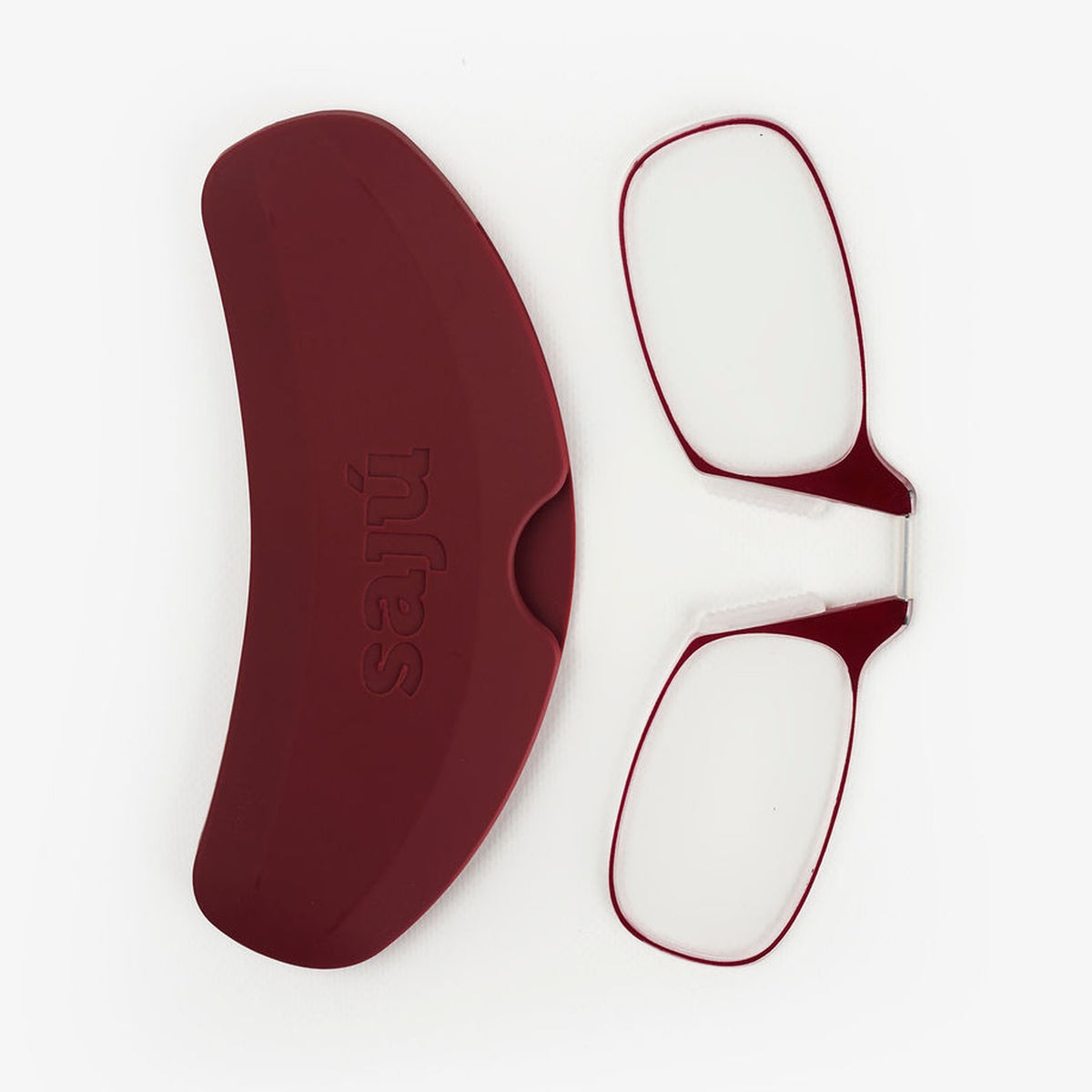 Phone Glasses Burgundy vistas desde arriba: estuche y gafas de lectura plegadas