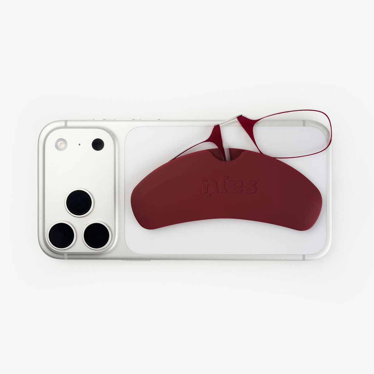 Phone Glasses Burgundy pegadas detrás del celular, gafas de lectura siempre a la mano