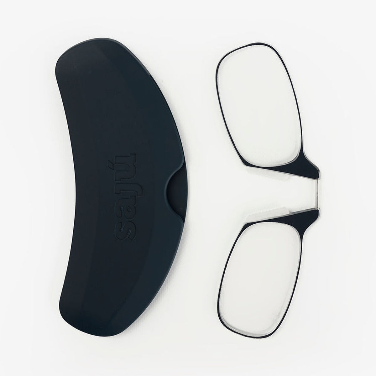 Phone Glasses Gray vistas desde arriba: estuche y gafas de lectura plegadas