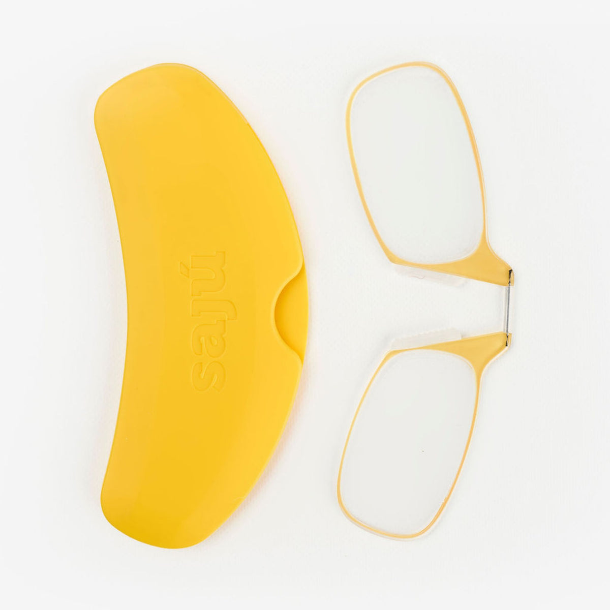 Phone Glasses Yellow vistas desde arriba: estuche y gafas de lectura plegadas